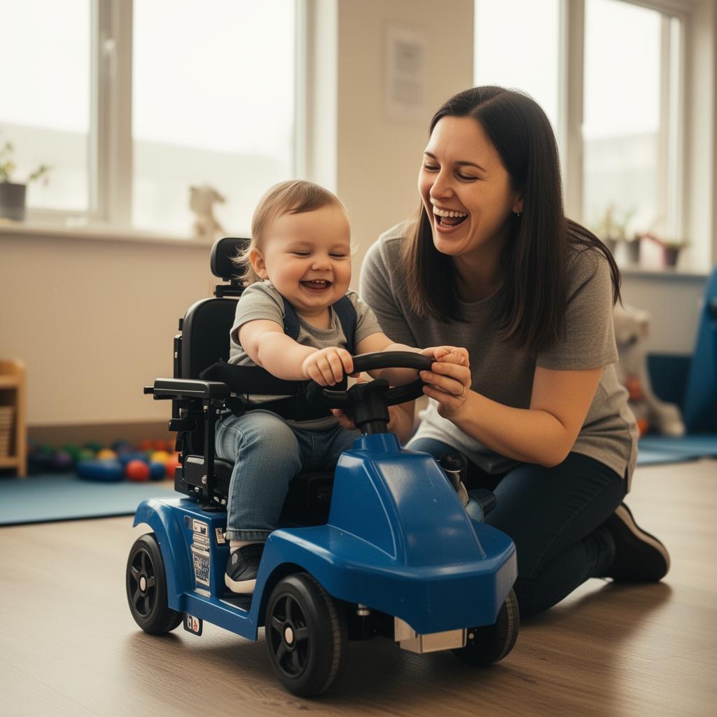 A toddler smiling in an adapted blue ride-on car while a parent kneels beside them laughing.