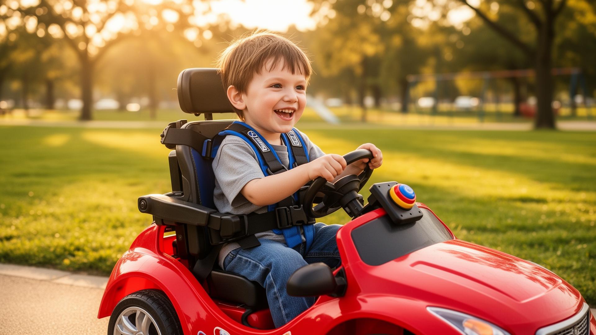 A young child smiling while driving a custom adapted red ride-on car with a five-point harness and adaptive switch.